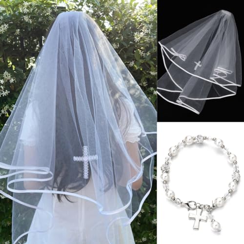 Girls 2Pcs First Holy Communion Veil White Bow Hair Comb Crystal Cross Wedding Headpiece Bracelet Set2