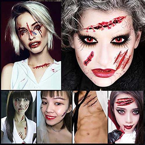 Miniatura 4 de Yesallwas 6 hojas de tatuaje de cara aterradora de Halloween, cicatriz de heridas temporales, araña, maquillaje, costuras para brazos, kit de