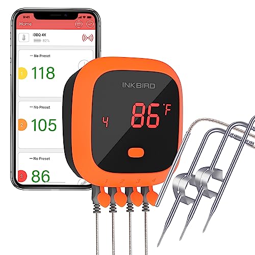 Inkbird IBT-4XC Fleischthermometer Kabellos, Grillthermometer Bluetooth 5.1 Signal 50m, IPX5 Wasserdicht, mit 3 Temperaturfühlern 1 Ofensonde, Bratenthermometer für Grill BBQ Smoker Rotisserie