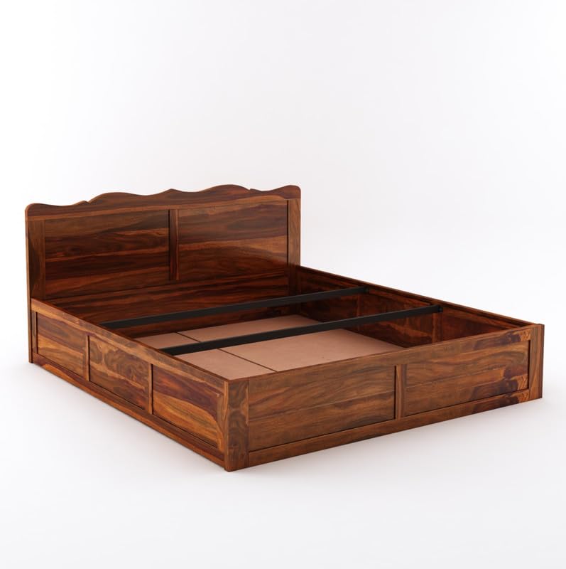 Image of Wooden King Size Bed with Storage | Double Bed Cot Bed with Box Storage for Bedroom & Hotel | Sheesham Wood, Honey, Recommended Mattress Size: 78 X 72