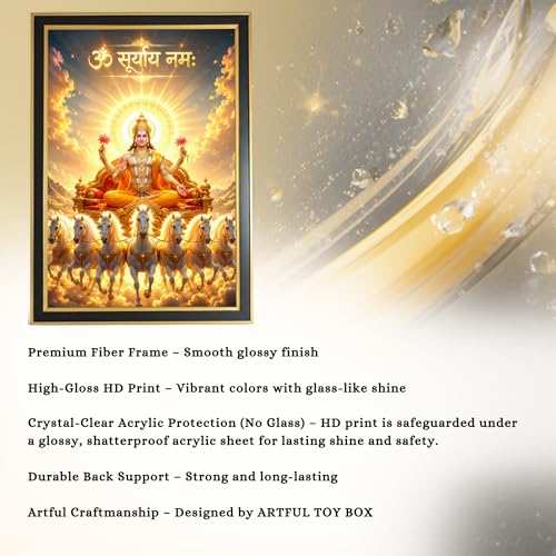 Image of ARTFUL TOY BOX - Surya Dev with Seven (7) Horses & Om Suryaya Namah Mantra Photo Frame Wall Hanging | Divine Solar Chariot Design | Spiritual Surya Dev Painting | Premium Golden Black Fiber Frame | Glossy Finish Devotional Home Decor - 12x18 Inch (30x45 cm) (Design 5)