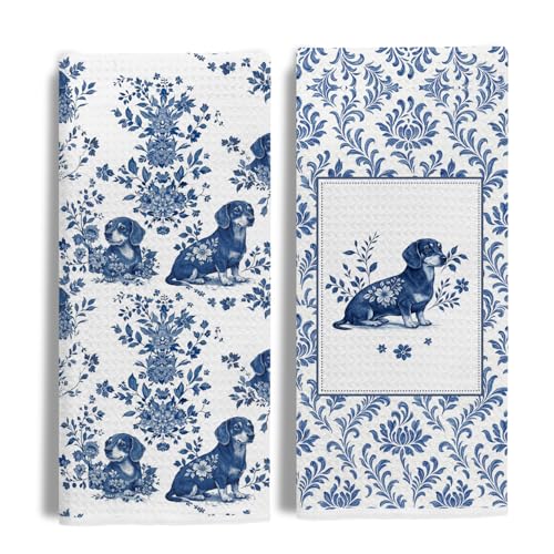 Image of Chinoiserie Dachshund Kitchen & Hand Towels Set of 2, Blue and White Floral Dog Dish & Tea Towels for Kitchen Bathroom Decor, Vintage Toile Dog Lover Gifts for Women 16x24 Inch