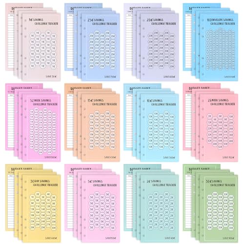 A6 Rastreador de Desafio de Ahorro de Colores Variados, 48 Hojas de Planificación de Presupuesto, Agenda de Ahorro Accesorios de Budget Planner para Carpeta 6 Agujeros Libro de Presupuesto