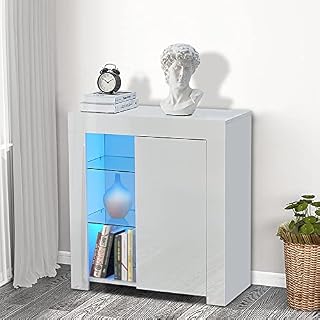 CLIPOP Modern LED Sideboard High Gloss Fronts and Matt Body Storage Cupboard Cabinet with 2 Glass Shelves Display Unit Cabinet for Living Room Dining Room Furniture