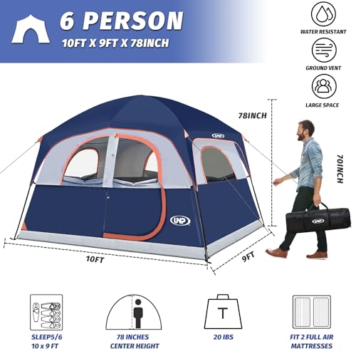 Image of UNP 6 Person Tents for Camping Waterproof Family Cabin Tent with Rainfly | Easy Setup Windproof Double Layer Camping Tent with 1 Mesh Door & 5 Large Mesh Windows 10'X9'X78in(H)