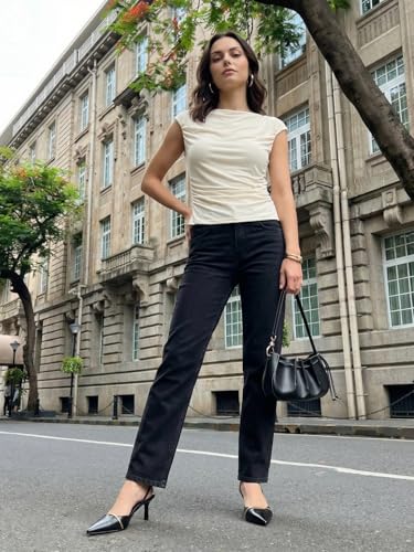 Image of Urbano Fashion Women's High Rise Straight Fit Washed Jeans Non-Stretchable