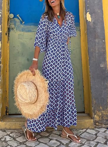 Image of miduo Womens Loose Fit Casual Summer V Neck Half Sleeve Bohemian Geometric Pattern Maxi Long Dresses