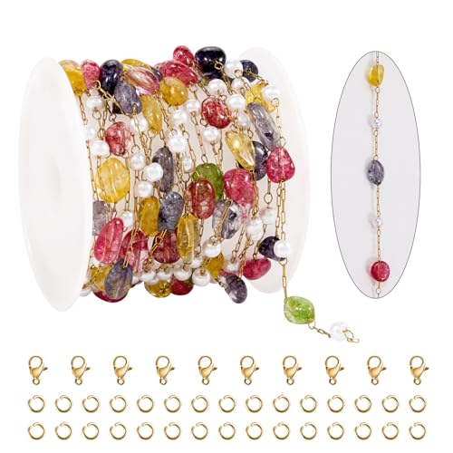 KYUNHOO Colorful Stone Beaded Jewelry Chain Roll Gold Plated Paperclip Necklace Chains Bulk with Lobster Clasps Jump Rings for Jewelry Crafts DIY
