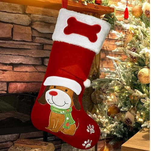 JALAROMA Christmas Stocking 21'' Large Christmas Stocking Dog Single Pet Embroidered Xmas Stocking Dog with White Plush Cuff 3D Xmas Stocking Candy Bag for Home Fireplace Xmas Tree Decor