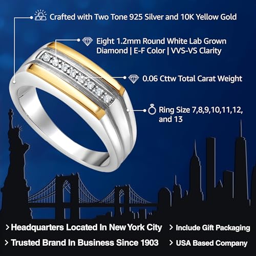 Gem Stone King Men's 925 Sterling Silver and 10K Yellow Gold White Lab Grown Diamond Ring For Men | 8MM Width | Available in Size 7,8,9,10,11,12,132