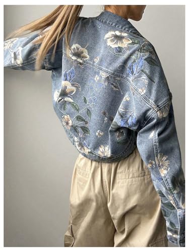 WDIRARA Women's Floral Print Open Front Cropped Denim Jacket Y2k Long Sleeve Jean Coat3