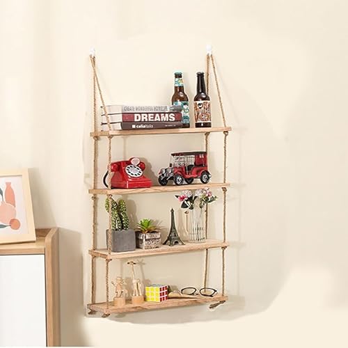 BODYGAD Estante Flotante de 4 Niveles, Estantes de Madera de Macramé Bohemio Para Colgar en La Pared con Ganchos, Sin Taladrar, Decoración de Pared Para Dormitorios, Cocina, Baño, Sala de Estar - imagen 3