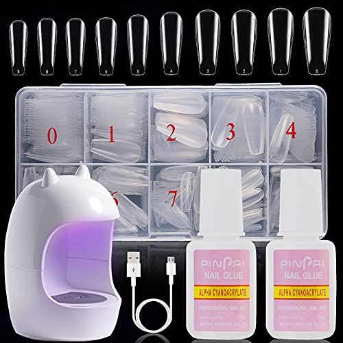 Nail Tips and Glue Gel Kit,Acrylic Nail kit-400pcs Clear Fake Coffin Nails Nail Glue and Mini LED Nail Lamp ,Nail Extension Set Nail Art DIY at Home