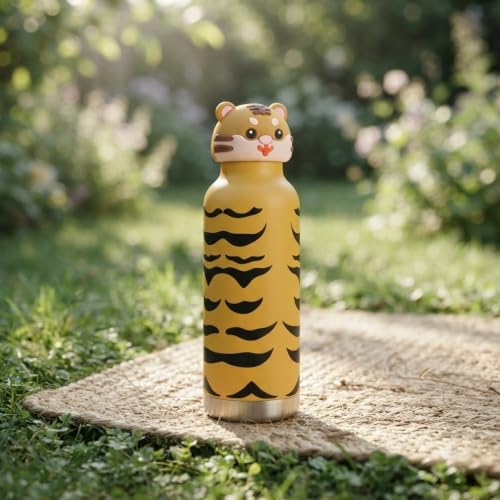 Image of JOUET Kids 600ml Tiger Water Bottle, Stainless Steel Reusable Drinking Bottle with Character Lid for School, Outdoor, Travel & Daily Use