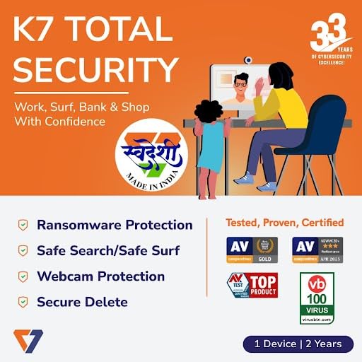 Image of K7 Total Security Antivirus | 1 User 2 Years | Anti-Ransomware, Web Protection, Wi-Fi Security Advisor | Windows Desktop, Laptop, PC| Email Delivery in 2 hours