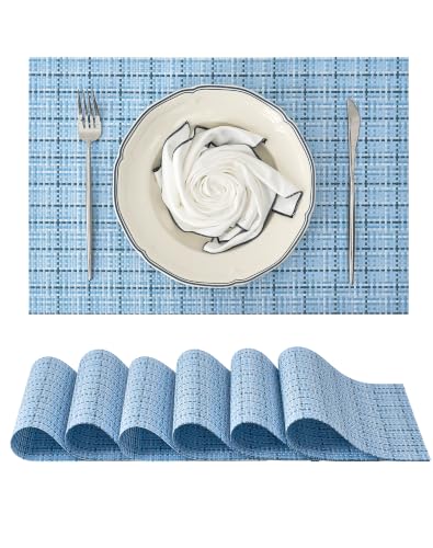 Leetaltree Pixelated Light Blue Placemats Set of 6, Washable Woven Vinyl