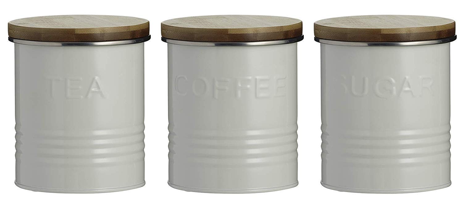 Typhoon Homewares Cream Typhoon Rippled Metal Tea Coffee Sugar Canister Set Airtight Bamboo Lid