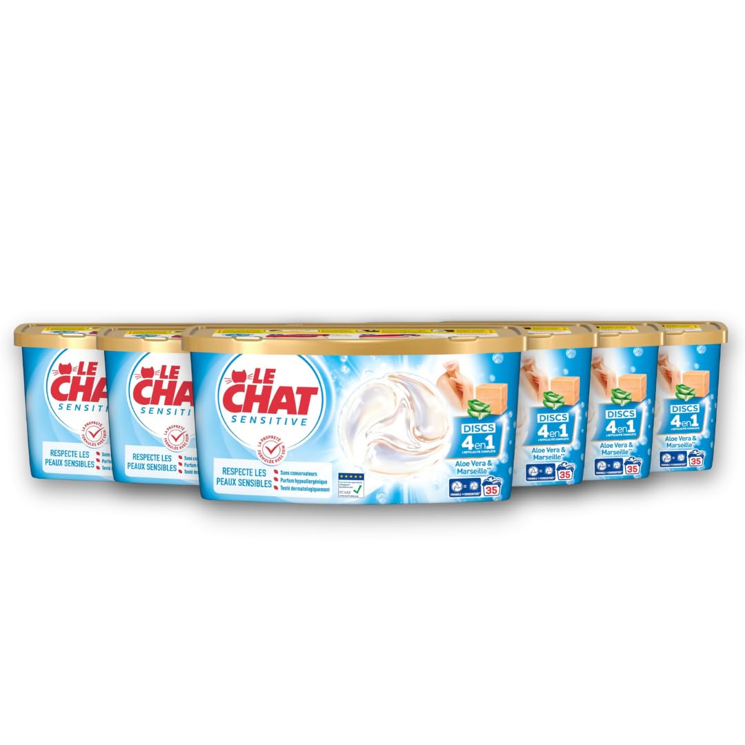 LE CHAT Pack Intensif Sensitive Capsules Lessive Discs 4en1 au Savon de Marseille & Aloe Vera Peaux Sensibles Parfum Hypoallergénique 210 Capsules