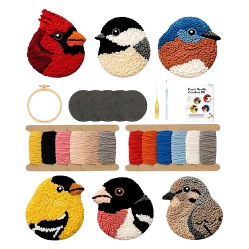 Kit de punch needle para posavasos con dibujo de pájaro de escritorio