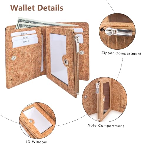 Image of Eco Cork Friendly RFID Blocking Wallet Bi-fold Card Holder Vertical Wallet With Zippered Coin Purse & ID Window