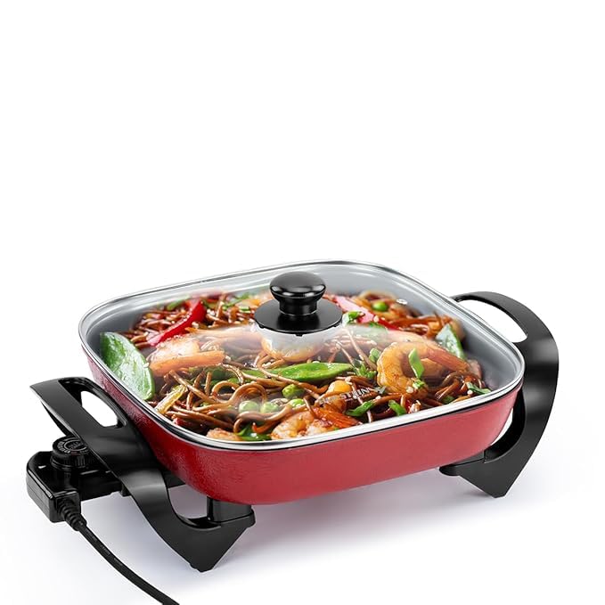 Image of Extra Deep Electric Skillet with Glass Lid, Square Design with Non-Stick Surface & Cool-Touch Handles, Large Non-stick Frying Pan & Multi-Cooker, Adjustable Temperature Control, Red