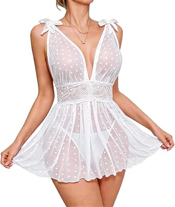Lingerie Sets for Women Babydoll Sheer Polka Dot Lace Nightgown with Thong