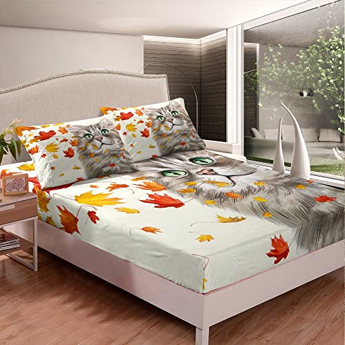 Erosebridal Fall Thanksgiving Bed Sheets For Kids, Cat Maple Leaf Fitted Sheet Autumn Farmhouse Bedding Set Cute Animal Garden Leaves Fitted Bed Sheets For Boys Girls Women Teens, Full (No Flat Sheet) #TOP1