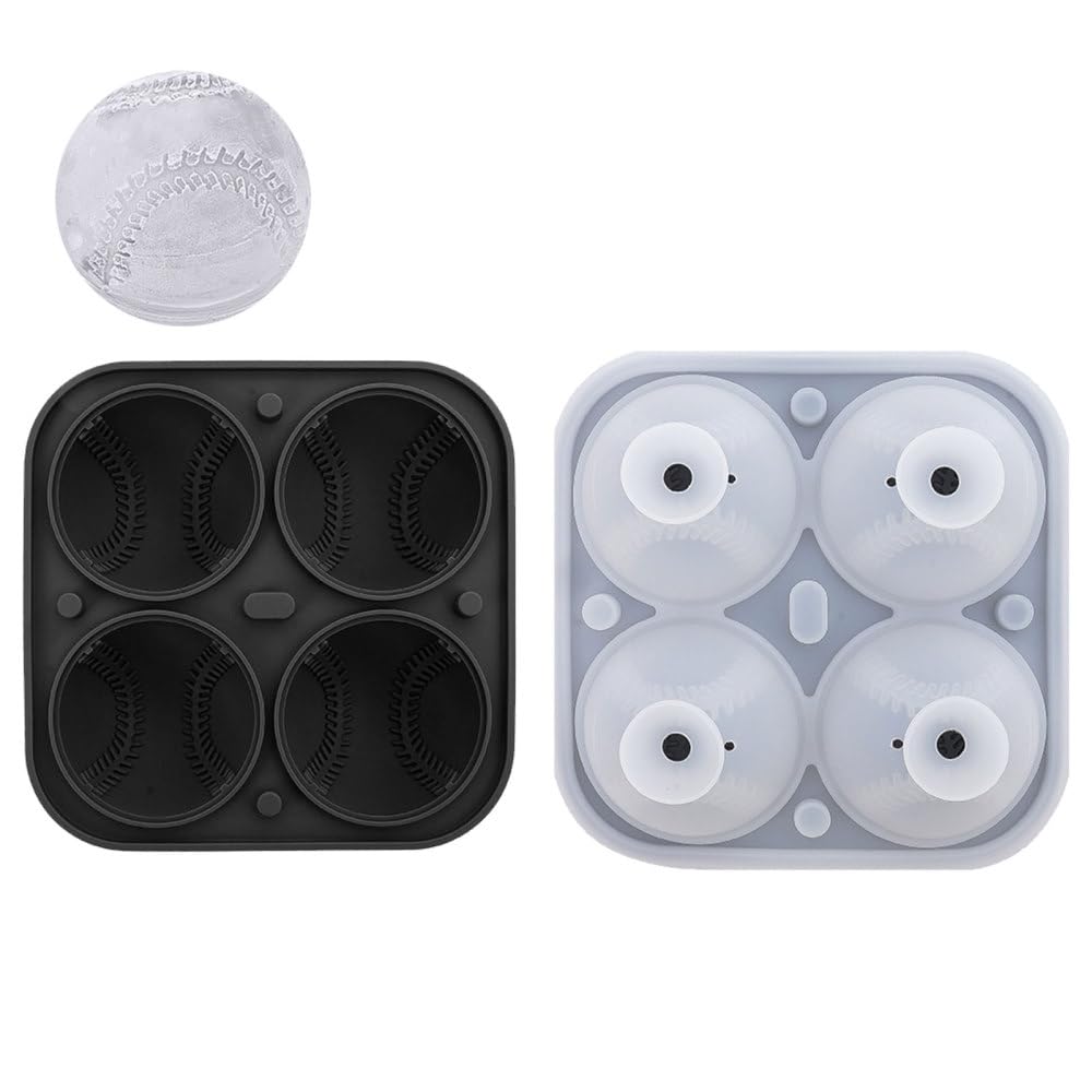 Ice Cube Tray, 4-Grid Baseball/Tennis/Pickleball Shaped Silicone Mold Reusable Football Ice Ball Maker for Cocktails, Bourbon, Whiskey, Brandy