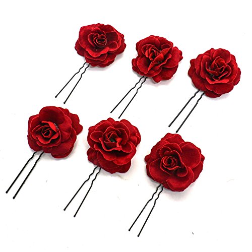 Gonioa 6 Pack Buorsa Elegant Red Rose Bridal Hair Clips Wedding Women