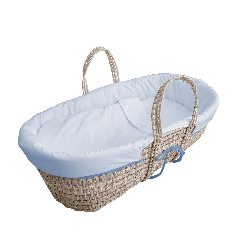 Tanuki Moisés de Mimbre Natural para Bebé con Base de Madera - Hecho a Mano - Colchón Incluido - Estilo nórdico Liso Azul