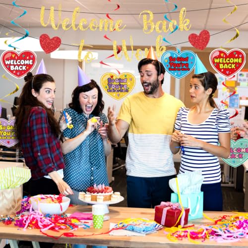 Image of Welcome Back To Work Decoration Banner So Glad You're Back To Work Banner and Hanging Swirls for Office Party Supplies - Gold
