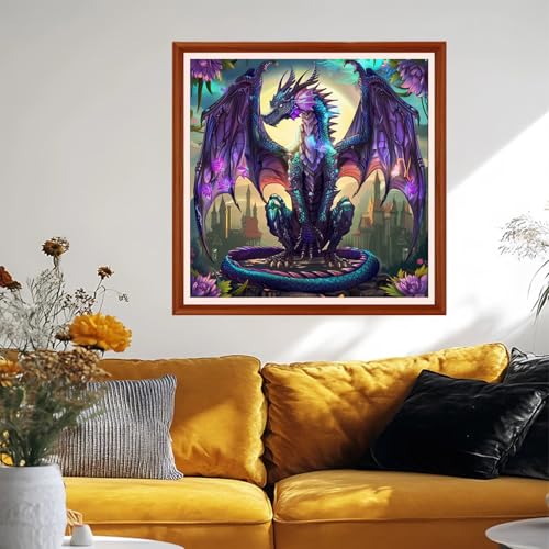 Image of Foxhool Stamped Cross Stitch Kits,11CT Printed Cross Stitch Pattern Full Embroidery Kits for Beginner Needlepoint Kits&Purple Dragon 18x18 inchs