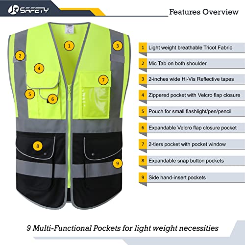 image for JKSafety 9 Pockets High Visible Reflective Safety Vest Zipper Front Br