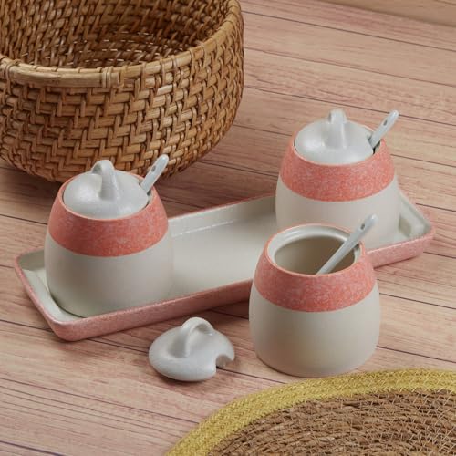 Image of Kookee Ceramic Condiment Jars and Containers Set of 3 with Tray and Spoon for Kitchen Food Storage, Used for Spices, Sauce Servers, Pickle, Vinegar, Sugar (280ml each) (10682)