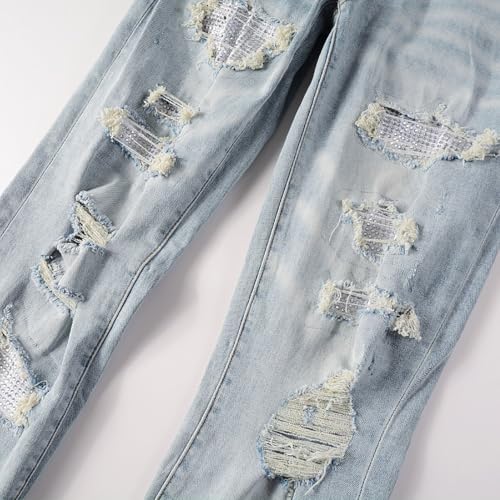 Mens Crystals Patchwork Jeans Skinny Stretch Slim Distressed Ripped Rhinestone Stacked Knee Holes Pants4
