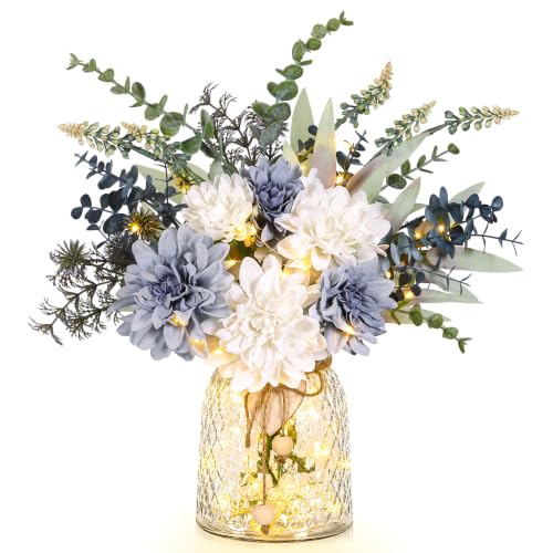 Der Rose 15" Navy Blue Fake Flowers in Glass Vase for Coffee Table Decor | Cool blue-white dahlias, layered eucalyptus, bendable stems, elegant farmhouse style, office desk entryway shelf de