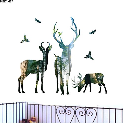 Bibitime Nature Forest Elk Wall Decal Peel And Stick Wall Stickers Animal Beautiful Antler Elks Birds Art Sticker For Living Room Background Pvc Decorations Nursery Bedroom Kids Room Home Art Murals #TOP3