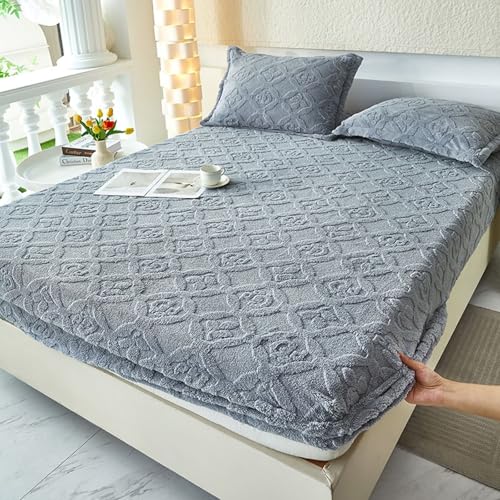 Homxi Bajera y 2 Fundas de Almohada,180 x 200 CM,Fundas Colchón Matrimonio Franela Color Sólido con Patrón de Hojas Bajeras Cama Azul Gris