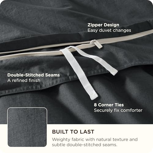 Image of Bedsure Cotton Duvet Cover Queen - Luxury Slub Weave 100% Cotton Duvet Cover Set, PureWoven Bedding Set with a Linen Like Textured, Easy Change, Charcoal, 90 inch x 90 inch