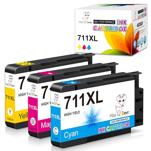 Image of Miss Deer 3 Pack 711XL Color Ink Cartridges High Yield Compatible Replacement Ink for HP 711 711XL Ink,Work for HP Designjet T120 T520 24-in T520 36-in Printer(Cyan,Magenta,Yellow)
