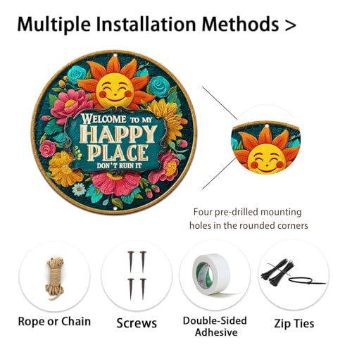 Welcome to My Happy Place Don't Ruin It Metal Tin Sign for Bedrooms Kitchens Dining Rooms Bar Office Wall Decor 8x8 Inch Round (25147) - Cosy Home Interiors Welcome to My Happy Place Don't Ruin It Metal Tin Sign for Bedrooms Kitchens Dining Rooms Bar Office Wall Decor 8x8 Inch Round (25147) - Image 4