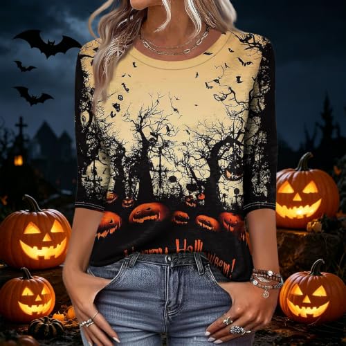 Image of Women Spooky Halloween Graphic Shirt 3 /4 Length Sleeve Crewneck Top | Halloween Funny Printed Pumpkin Plus Size Tshirts 2026 Fall Outfits Skeleton Tee Going Out Tops