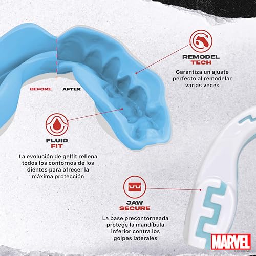 Infografía que muestra la tecnología Fluid Fit y Jaw Secure del protector bucal Marvel Spider-Gwen.