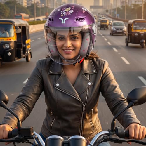 Image of TVARRA Blossom ISI Certified Women's Open Face Helmet Designer Helmet, Lightweight and Rainproof, Crafted for Women, Extreme Comfort Fit with Clear Visor (Violet Orchid, M /L: (56-57) cm)
