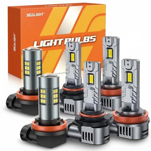 Image of SEALIGHT 9005 /HB3 H8 /H9 /H11 Light Bulb Combo and H11 Fog Lights, 100,000LM Ultra-Bright 6500K 9005 H11 Bulbs with Cooling Fan, 360 Illumination True Plug N Play, Non-polarity, Pack of 6