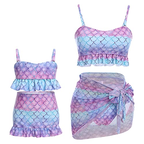 Mother and Daughter Swimsuit Family Matching Mermaid Swimwear Ruffle Swimsuit Bikini Set Mommy and Me Casual Family Bathing Suit Two-Pieces Fish Scales Printed Bikini Set Purple 2-3 Years