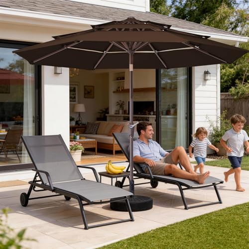 Image of JEAREY 9FT 3 Tier Patio Umbrella Outdoor Market Umbrella Table Umbrellas with 8 Ribs 1.5 Pole Push Button Tilt and Crank UV Protection for Garden,Brown