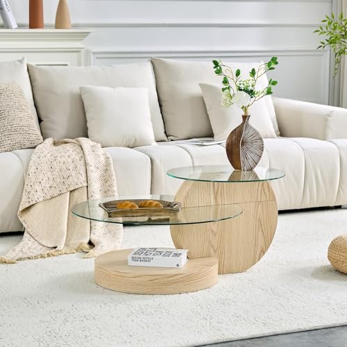 PUGSDRLY Table Basse Ronde 2 Plateaux en Verre trempé, Table Basse Moderne Effet Bois, Structure en MDF, Coffee Table pour Salon et Appartement