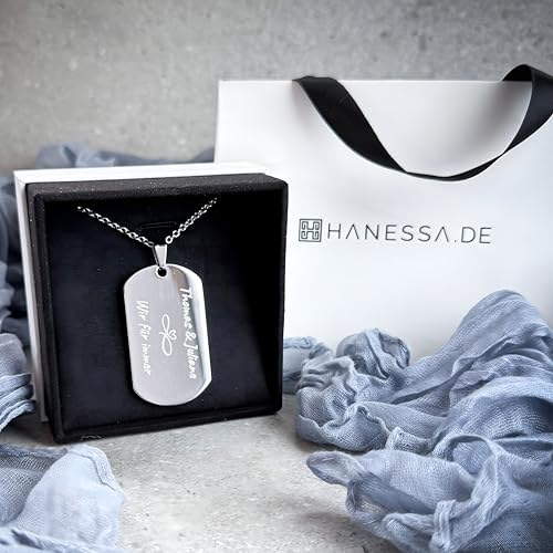 Hanessa Personalisierte Kette mit Gravur Edelstahl 50 cm mit Anhänger Dog Tag einseitig in silber - Personalisierte Halskette für Männer und Frauen - Personalisierter Schmuck Damen Herren