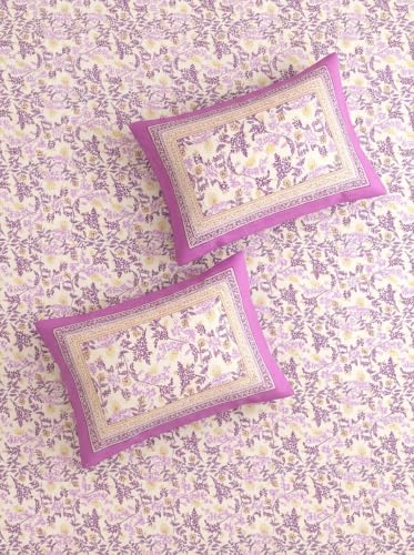 Image of Naksh Queen Size Bed Sheet Purple Floral Print 2 Pillow Covers | Purple Botanical Floral Print | Heritage Design for Queen Size Bedrooms